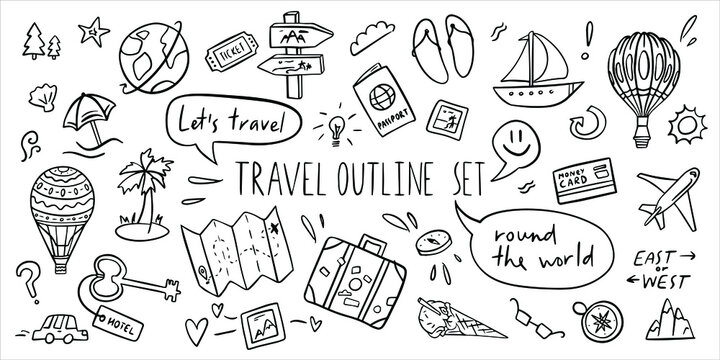 World tour outline doodle set. Drawing line vector sketches. 