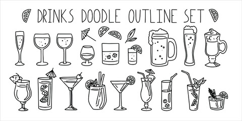 Outline set of bar drinks. doodle simple style. Vector drink  - obrazy, fototapety, plakaty