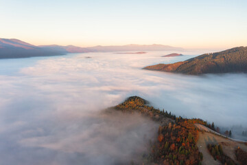 Thick layer of fog covering mountains with colorful trees
