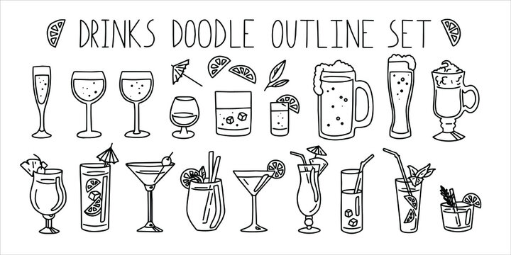 Outline set of bar drinks. doodle simple style. Vector drink 