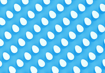 White easter eggs on blue background, eggs pattern, 3d rendered