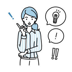 立って素晴らしいアイデアをひらめいたブラウスの女性 フキダシに電球と感嘆符のセット