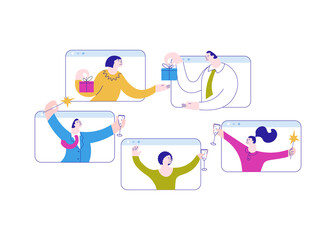 Diverse people chatting and greeting on the online conference party