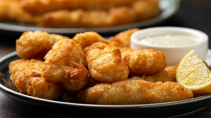 Crispy Fish strips with tartar sauce in a plate