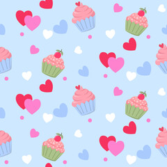 Sweet cup cake with heart shape on blue color background seamless pattern.