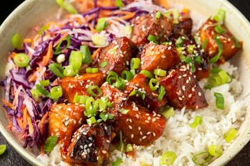 Vegan fried tempeh with rice and vegetables. Asian healthy food