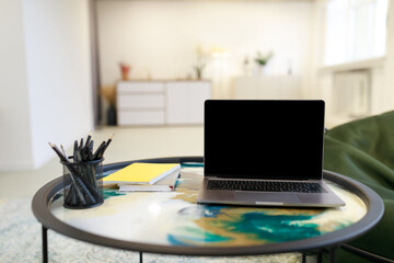 Modern Laptop With Black Empty Screen On Table, Mockup