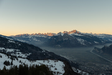 Landquart, Switzerland, December 19, 2021 View over the foggy rhine valley