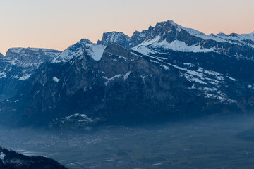 Landquart, Switzerland, December 19, 2021 View over the foggy rhine valley