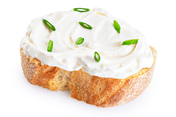 Toasted bread with cream cheese and green onions isolated on white background. With clipping path.