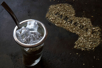 frozen terere yerba mate in glass matero with shape of paraguay made by yerba mate