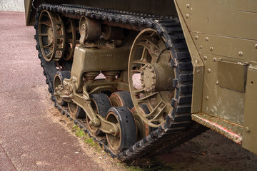 Fototapeta na wymiar Arromanches, France - August 2, 2021: Track of the military vehicle from World War II in Arromanches, the site of the Allied landing in Normandy