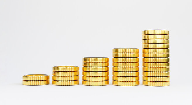 Isolated of golden coins stacking on white background , business investment and currency exchange forex concept by 3d render.