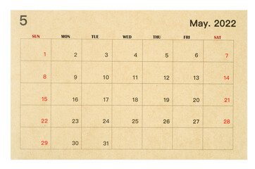 May 2022 brown calendar made from recycled paper isolated on white background.