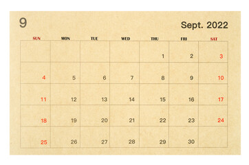 September 2022 brown calendar made from recycled paper isolated on white background.