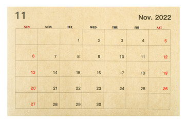 November 2022 brown calendar made from recycled paper isolated on white background.