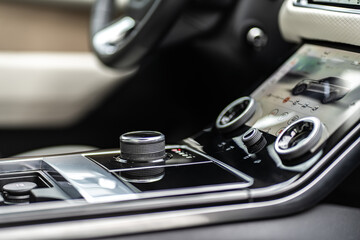 Control panel dashboard car fragment. Automatic transmission gear shift in car