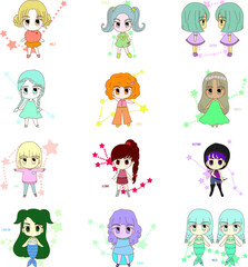 A set of horoscope signs as hand drawn cute girls cartoon vector.  Girls in different hair and cloth styles. Illustration of astrological signs as a horoscope.