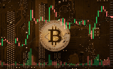 Close up of golden bitcoin coin on computer mother board background with trading graph