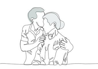 Elderly couple. Mature man and woman stand together and hug each other. One continuous line drawing. Vector illustration