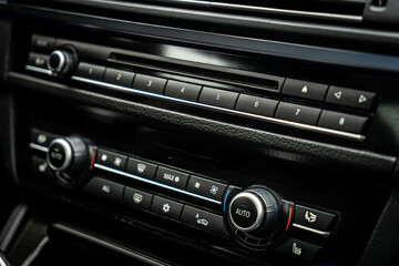 Control panel dashboard car fragment. Automatic transmission gear shift in car