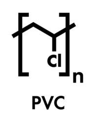 poly(vinyl chloride) plastic (PVC), chemical structure. Used in production of pipes, window frames, electric cable insulation, vinyl records, etc. Skeletal formula.