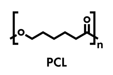 Polycaprolactone (PCL) biodegradable polyester, chemical structure. Frequently used for biomedical applications and for rapid prototyping. Skeletal formula.