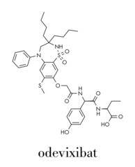 Odevixibat drug molecule. Skeletal formula.