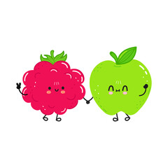 Card with cute happy green apple and raspberries. Vector hand drawn doodle style cartoon character illustration icon design. Cute happy green apple and raspberries friends concept