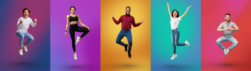 Collage of cheerful multiracial young people jumping over colorful neon backgrounds, panorama