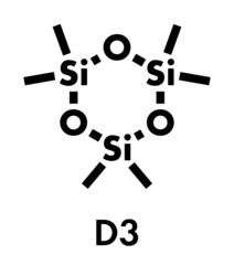 Hexamethylcyclotrisiloxane (D3) cyclic organosilicon molecule. Skeletal formula.