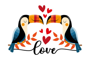 Love - Hand drawn toucan birds and hearts. Good for greeting card, poster, banner, label, T shirt print and other decoration.
