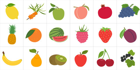 Set of fruits and berries with vitamin C - sweet, tasty, healthy, flat cartoon vector drawing. Template for children's development books and the creation of packaging for juices and baby food.