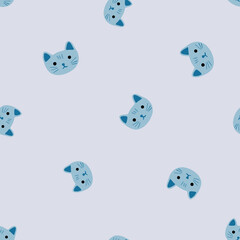 Kitty pattern seamless in freehand style. Head animals on colorful background. Vector illustration for textile.
