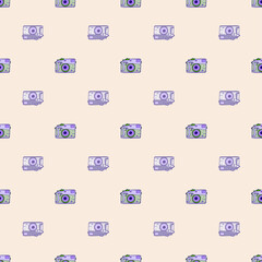 Photo camera vintage seamless pattern. Retro photo cameras design. Repeated texture in doodle style.