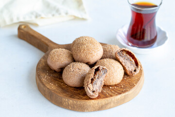 Fig cookies on a white background. Cookies filled with fig marmalade. Close-up. Horizontal view