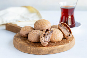 Fig cookies on a white background. Cookies filled with fig marmalade. Close-up. Horizontal view