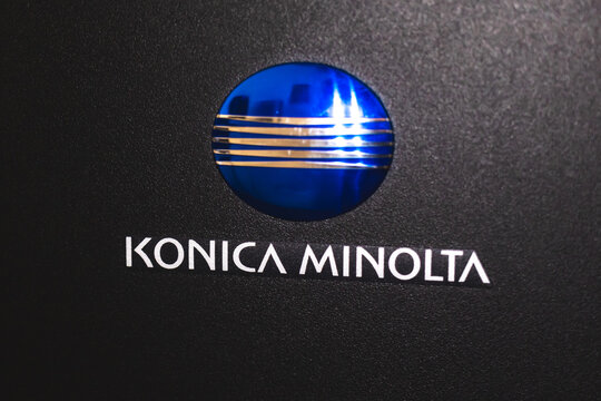 Konica Minolta large commercial copier machine logo close-up