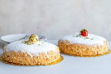 German cake on a white background. Traditional German cuisine delicacies. Close-up. Horizontal view