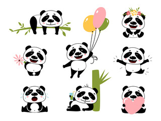 Fototapeta premium Cartoon panda characters. Pandas stickers, cute poses of chinese zoo animal. Isolated wild funny bear holding bamboo, heart and balloons, classy vector kit