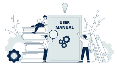 User manual concept. Business guidebooks, instruction workbook. Plan or project, people looking at documentation. Management reference recent vector concept