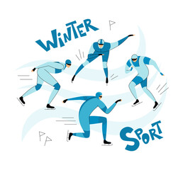 Winter sport. Short track, different poses of a speed skating athlete, the inscription winter sport. Vector illustration of line art and flat style on a white background.
