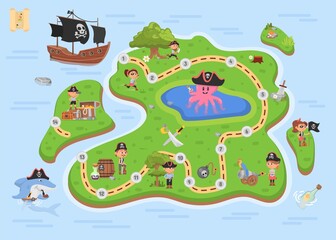 Pirate game map. Pirates attraction, board paper travel maps. Ocean island of treasure, step by step play for kids. Children puzzle with levels decent vector location