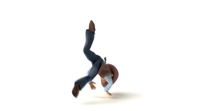 Fun 3D cartoon cowboy doing breakdance