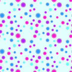 Flowers in a chaotic order on a light background. Bright flowers of blue, pink and lilac flowers.
