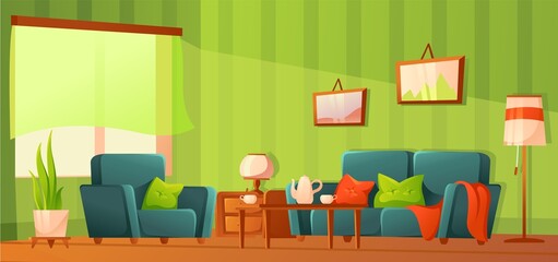 Cartoon living room interior. Modern spring room, sunlight in home. Lounge with sofa, arm chair and table with tea cups. Cozy furniture neat vector background