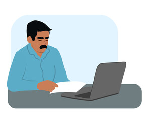 Fototapeta na wymiar Indian business man sits at a table with a laptop and reads a document at the table, looks through documents, pays bills and reads a letter. Flat vector illustration.
