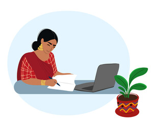 Happy traditional Indian business woman sitting at a table with a laptop and reading a document at the table, looking through documents, paying bills and reading a letter. Flat vector illustration.