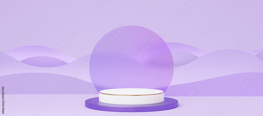 Wall mural empty white cylinder podium with gold border on purple wave background. abstract pastel minimal stud