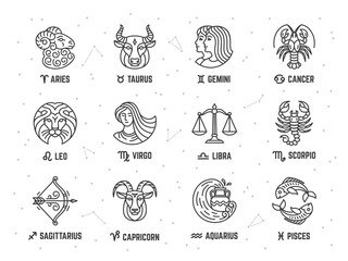 Zodiac signs. Astrology sign and constellation, aries cancer, libra. Esoteric horoscope symbols. Virgo, pisces and aquarius isolated tidy vector set